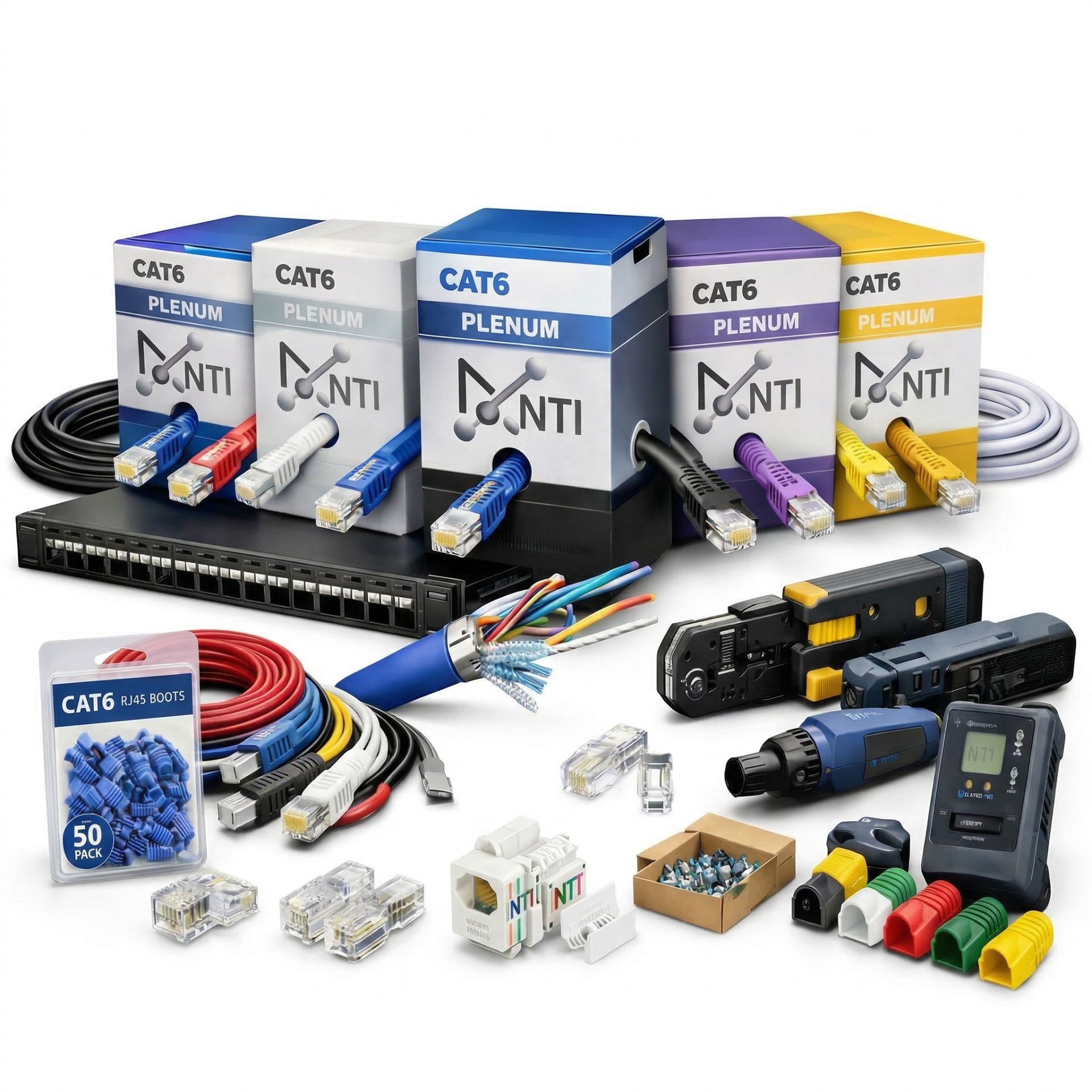 NTI product line: Cat6 plenum cable boxes, patch panel, terminated cords, RJ45 boots, connectors, crimp tool, and cable tester